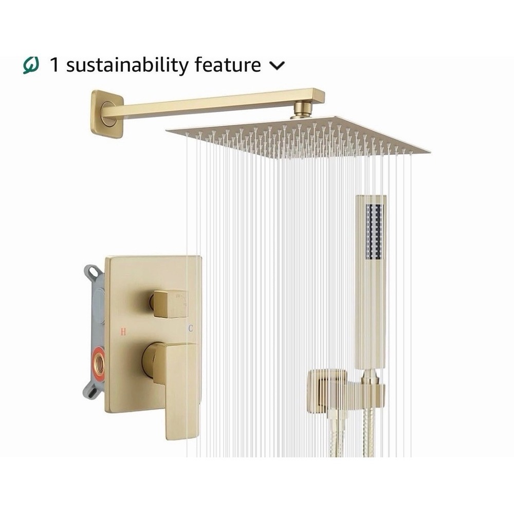 Brushed Gold Shower Faucet Set 10"Rainfall Head System With Valve Kit Wall Mount